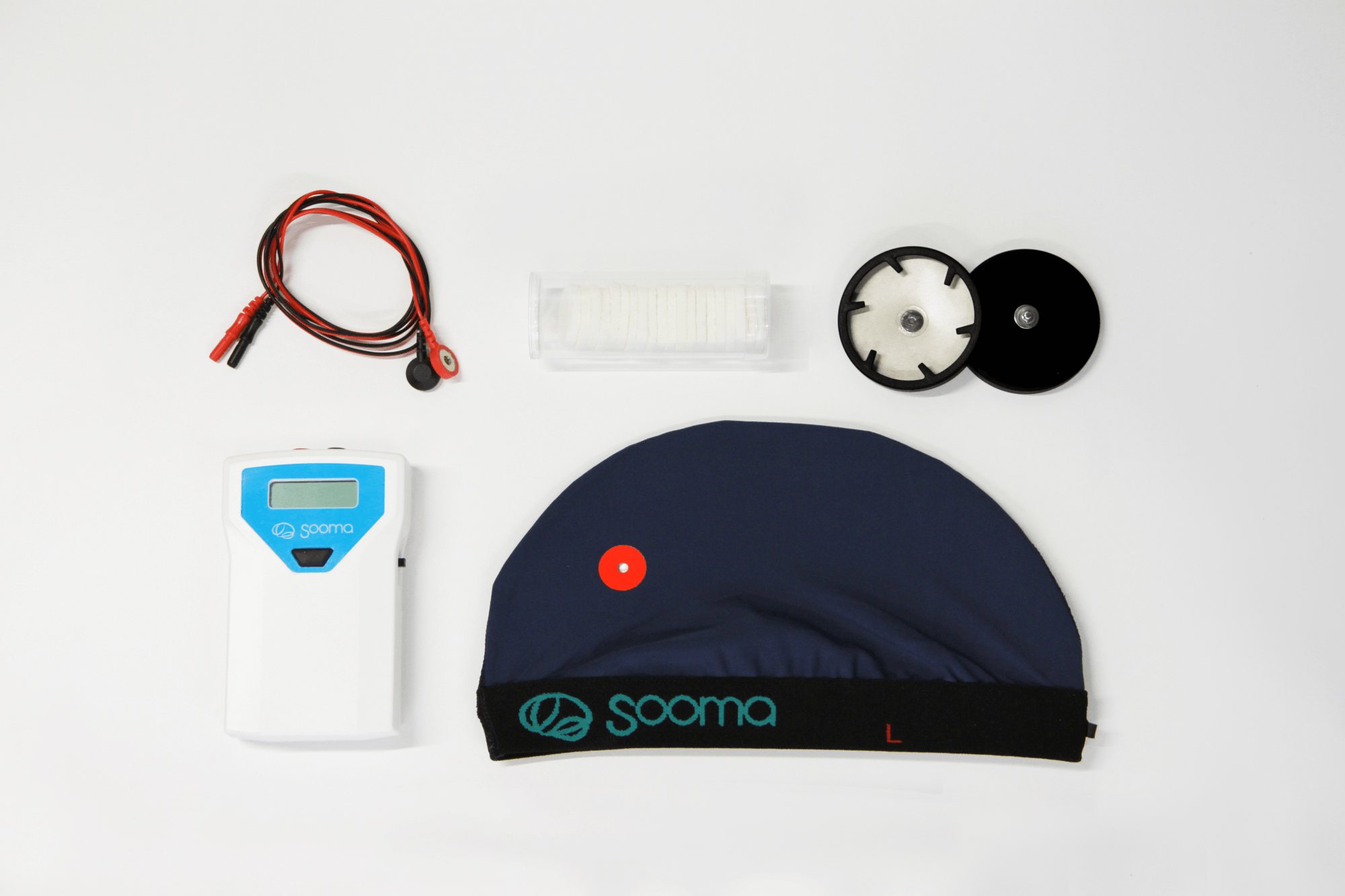 Sooma tDCS kit includes the device, and our proprietary accesories: ComfoCap, ComfoTrodes and ComfoLeads