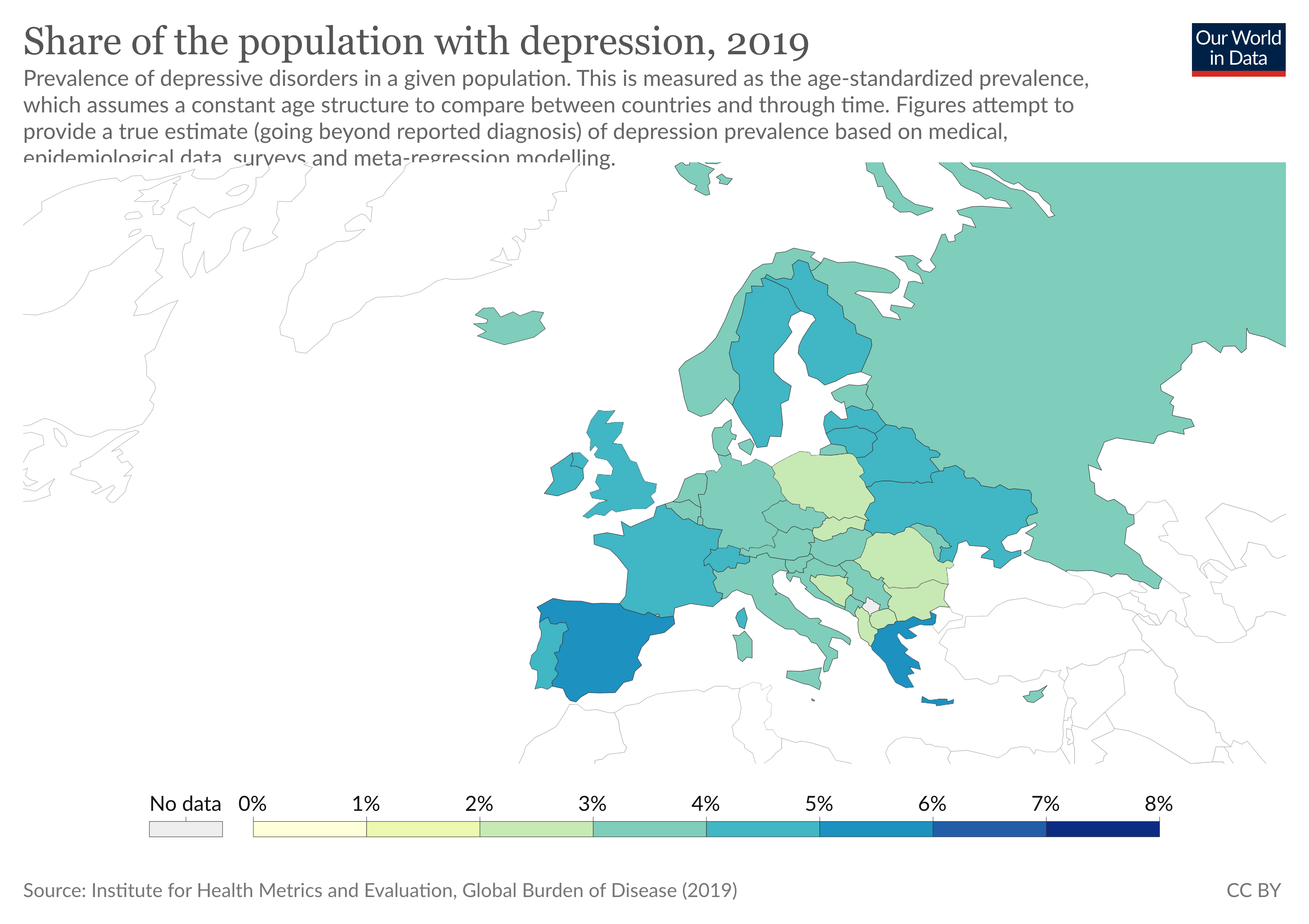 Graphic depicting depression rates in European countries as per 2019